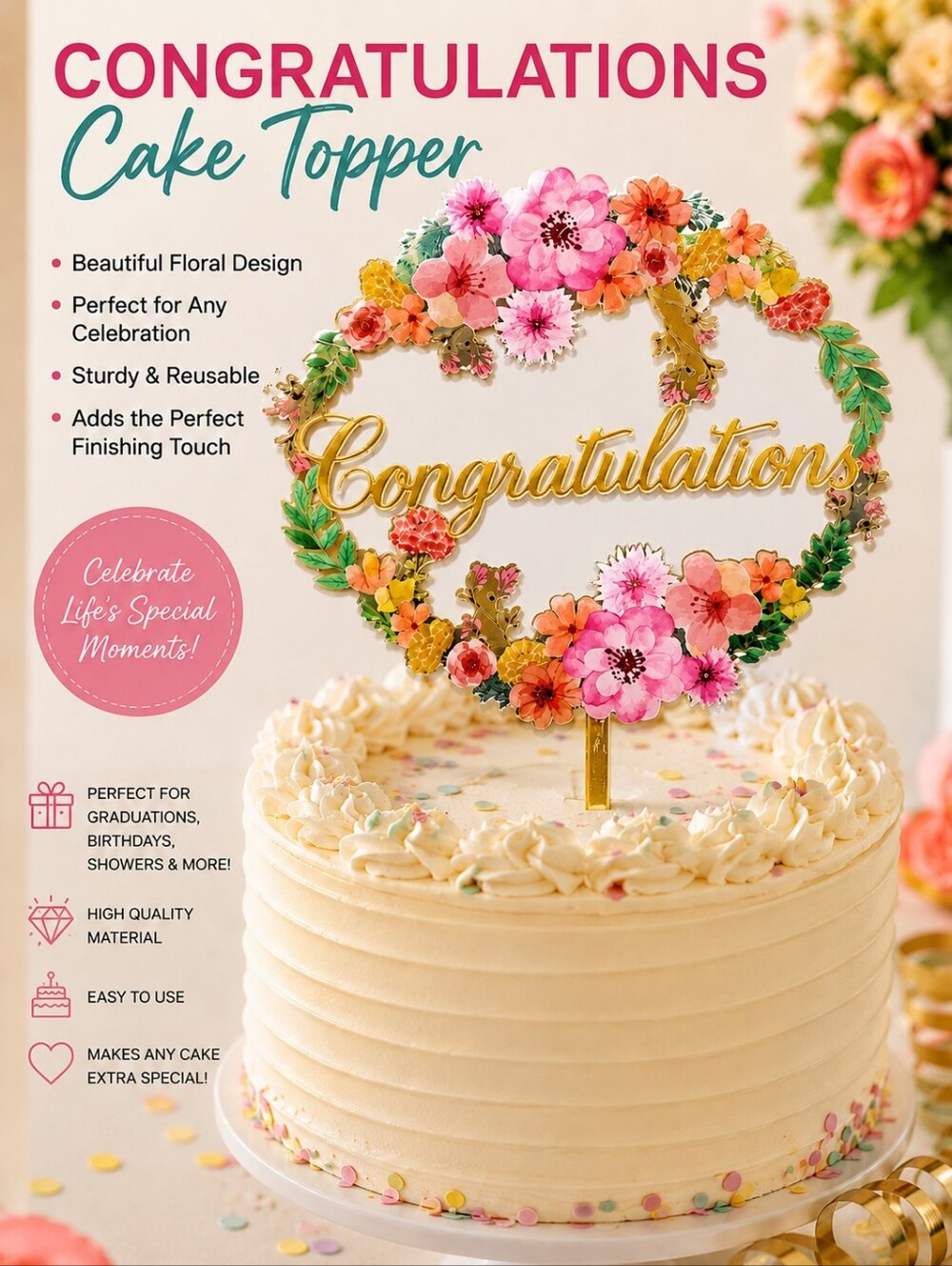 Congratulations Cake Topper Floral
